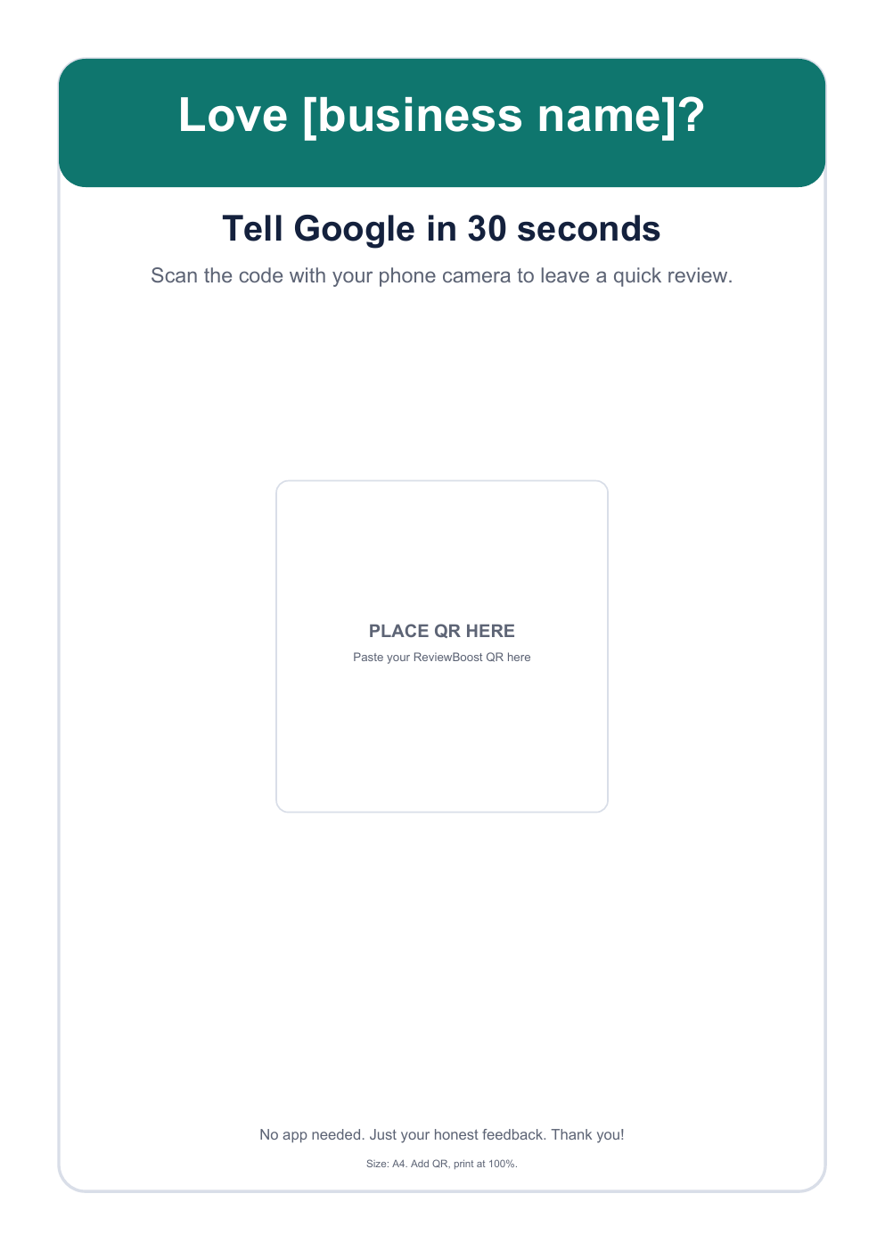 Actual A4 Google review poster included in the kit
