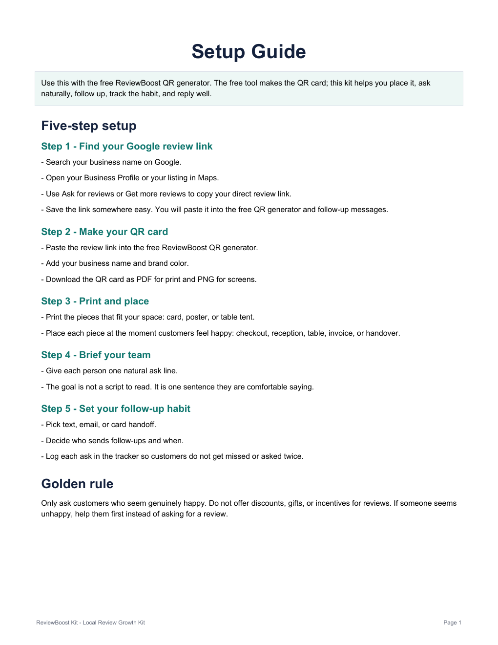 Actual five-step setup guide included in the kit